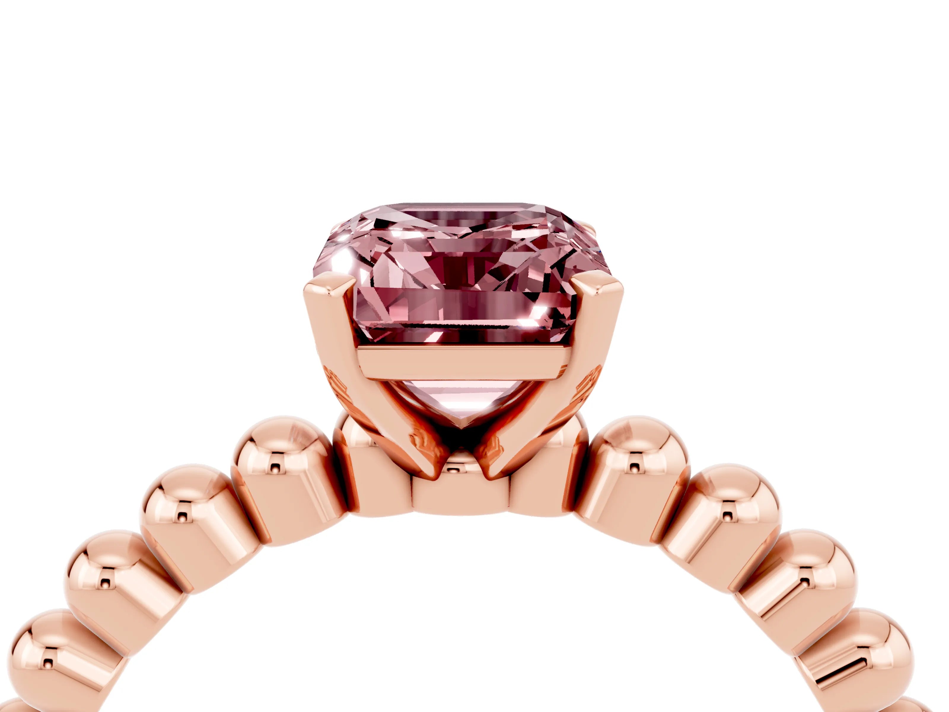 Rose gold Emerald Cut Morganite Solitaire Ring with Beaded Band and Prong Setting_4