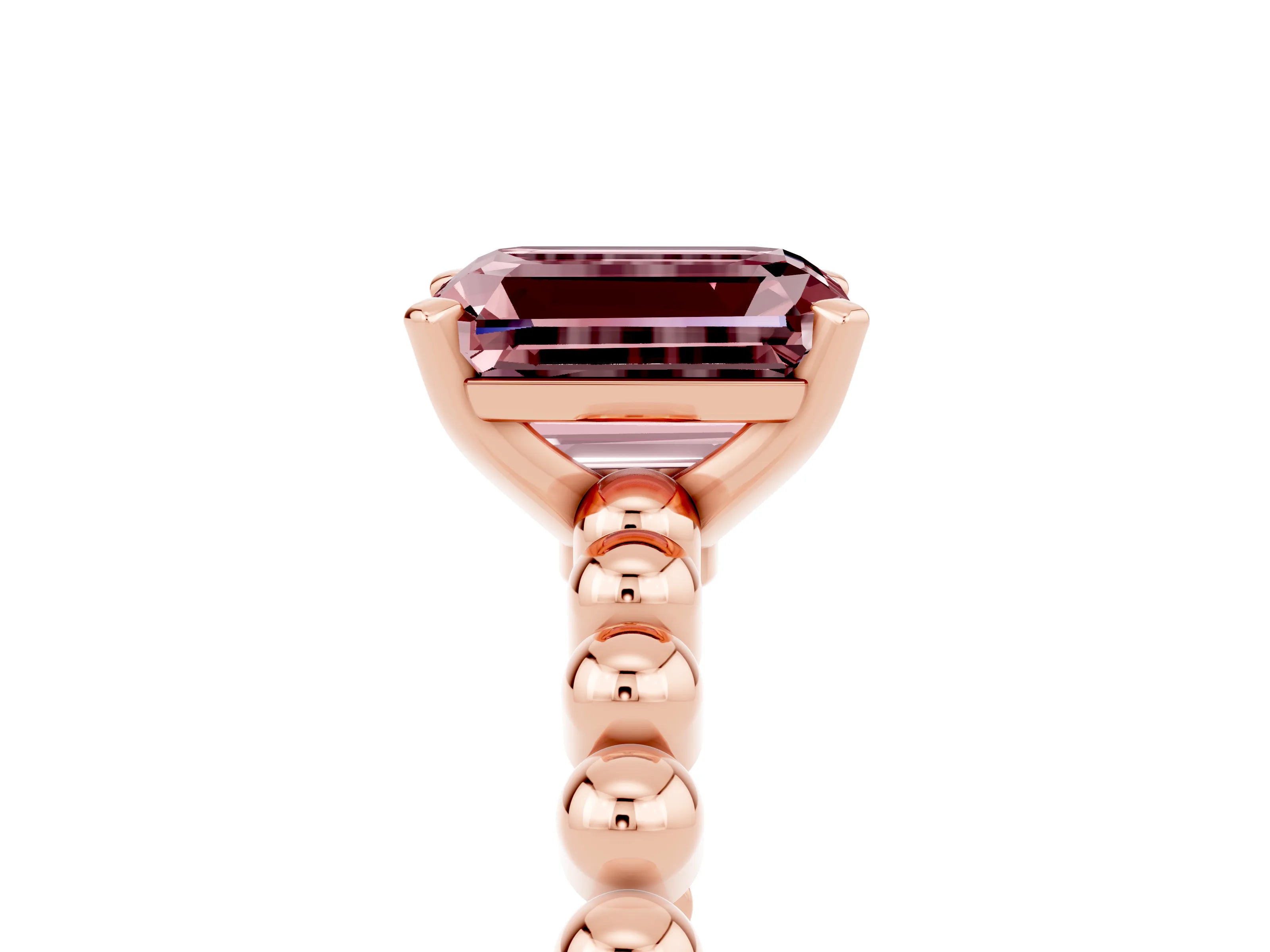 Rose gold Emerald Cut Morganite Solitaire Ring with Beaded Band and Prong Setting_5