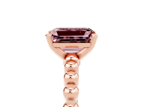 Rose gold Emerald Cut Morganite Solitaire Ring with Beaded Band and Prong Setting_5