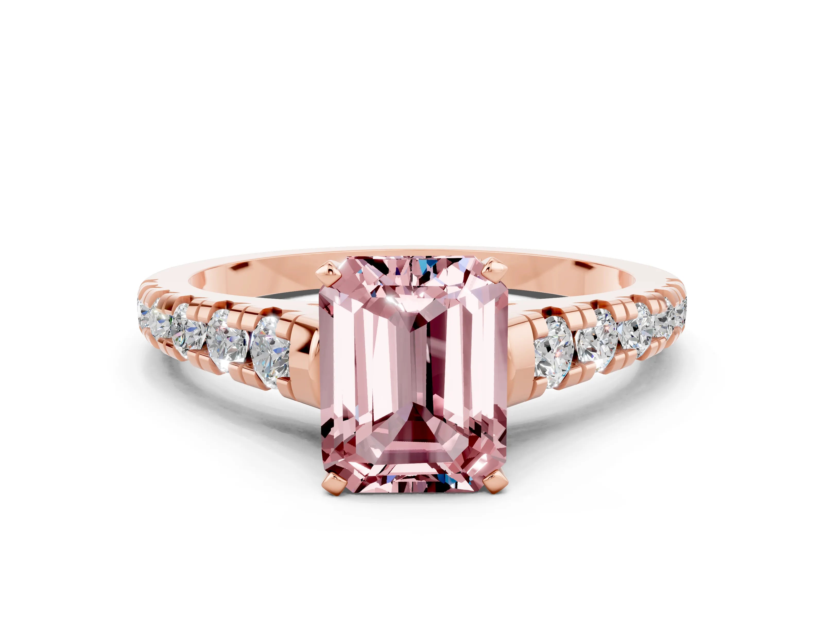 Rose gold Emerald Cut Morganite Solitaire Ring with Cathedral Setting and Pavé Band