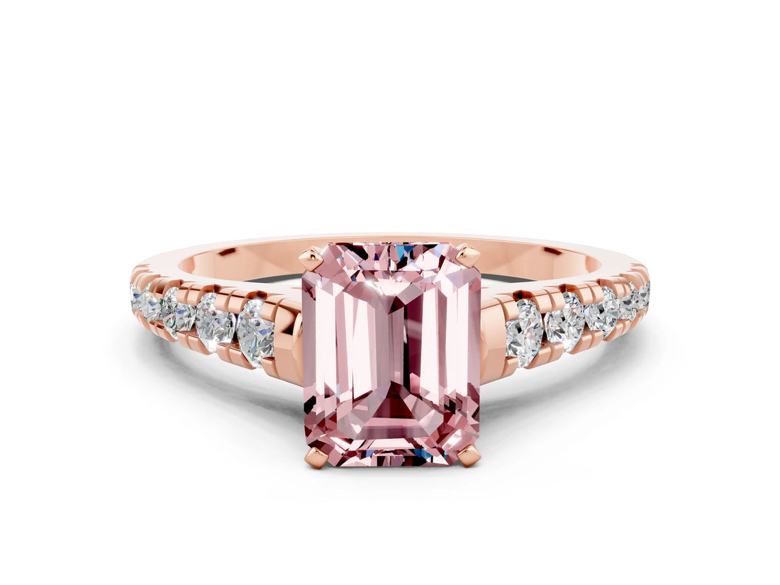 Rose gold Emerald Cut Morganite Solitaire Ring with Cathedral Setting and Pavé Band