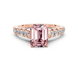 Rose gold Emerald Cut Morganite Solitaire Ring with Cathedral Setting and Pavé Band