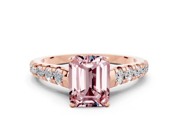 Rose gold Emerald Cut Morganite Cathedral Solitaire Ring with Round  Pavé Band