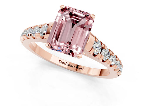 Rose gold Emerald Cut Morganite Solitaire Ring with Cathedral Setting and Pavé Band_1
