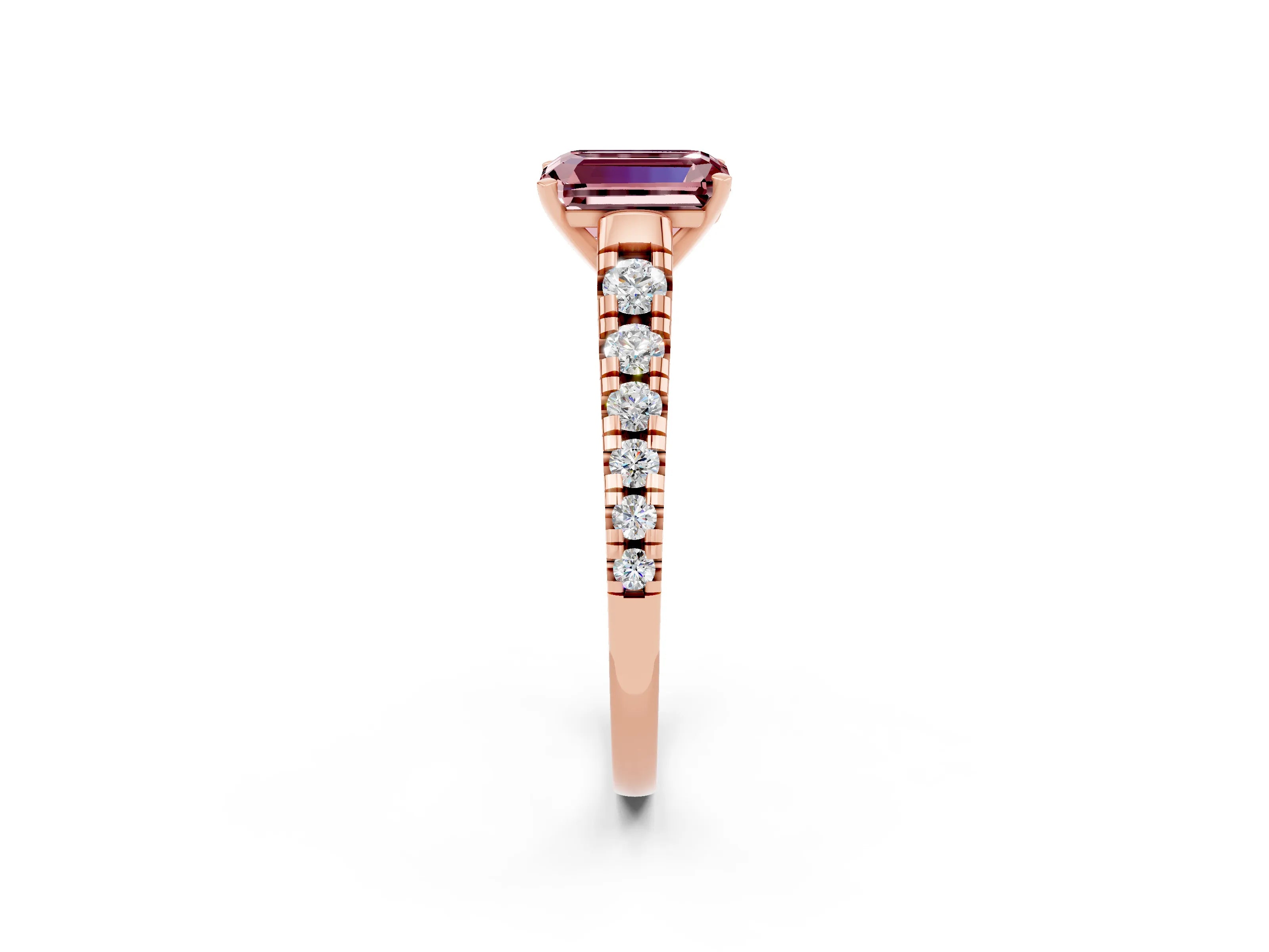 Rose gold Emerald Cut Morganite Solitaire Ring with Cathedral Setting and Pavé Band_2