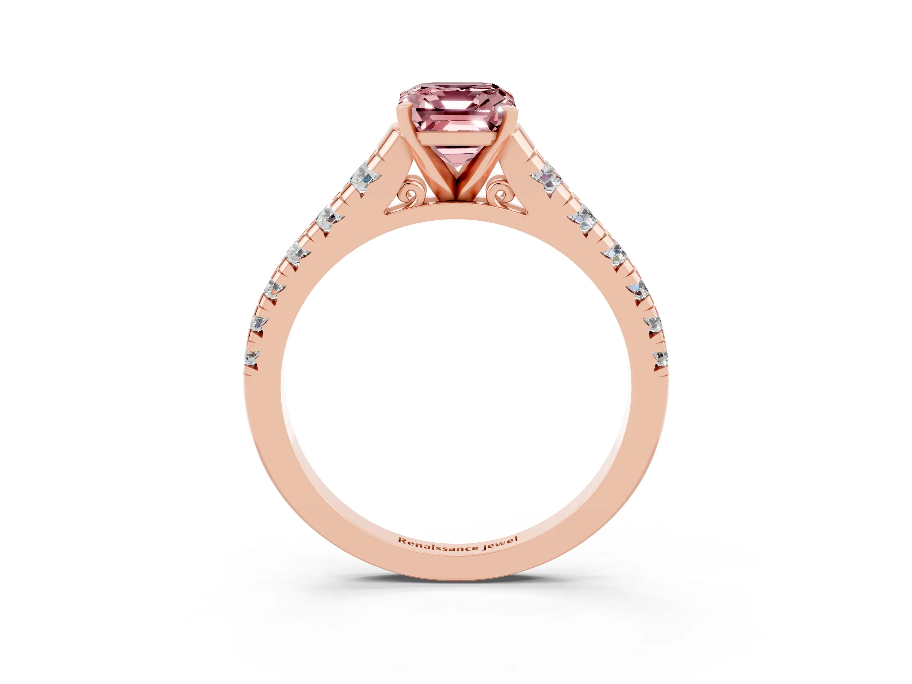 Rose gold Emerald Cut Morganite Solitaire Ring with Cathedral Setting and Pavé Band_3