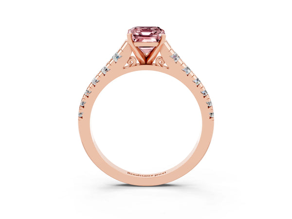 Rose gold Emerald Cut Morganite Cathedral Solitaire Ring with Round  Pavé Band