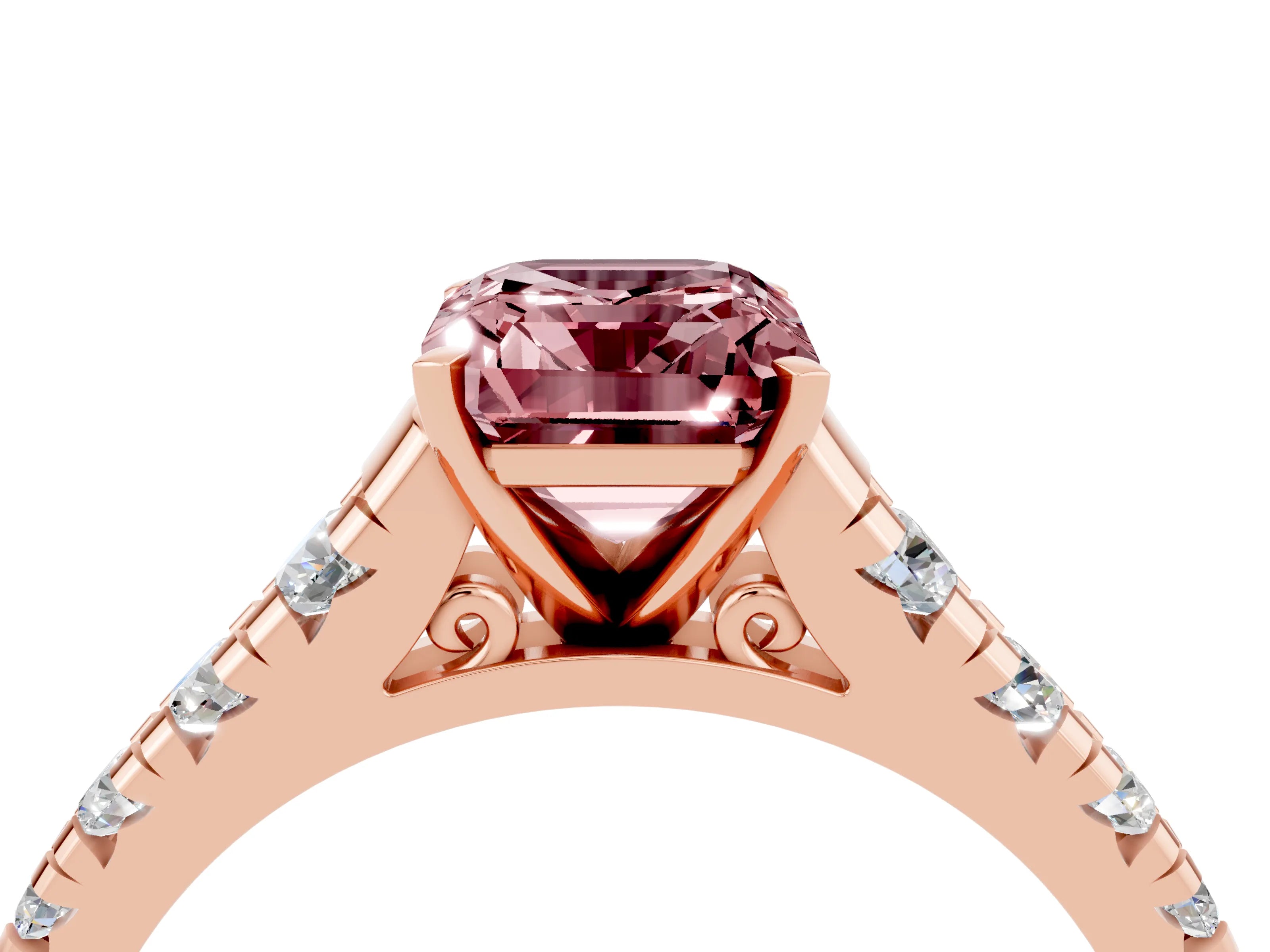 Rose gold Emerald Cut Morganite Solitaire Ring with Cathedral Setting and Pavé Band_4