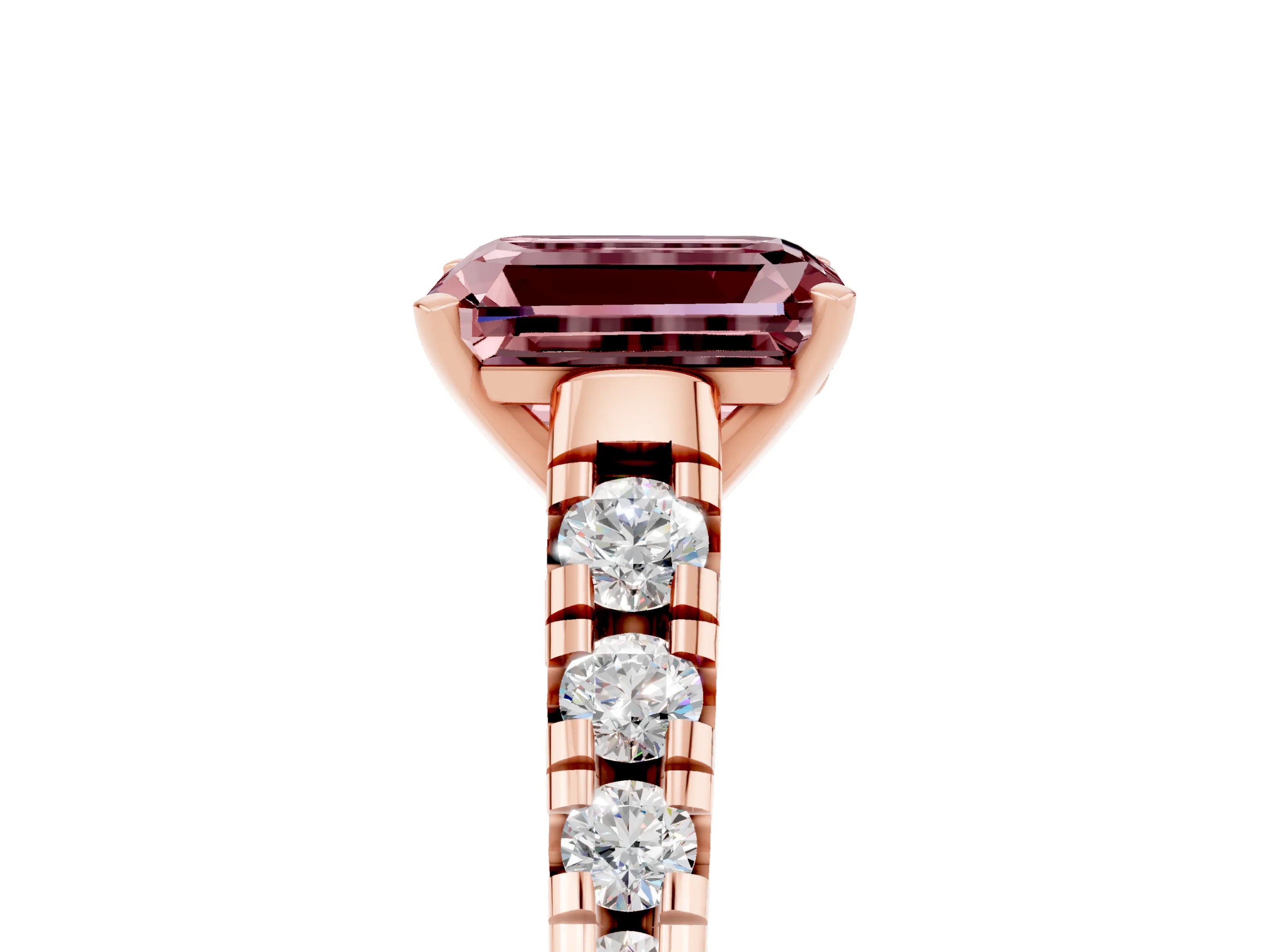 Rose gold Emerald Cut Morganite Solitaire Ring with Cathedral Setting and Pavé Band_5