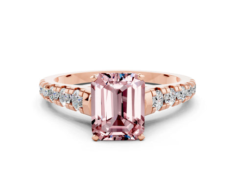 Rose gold Emerald Cut Morganite Solitaire Ring with Cathedral Setting and Pavé Band