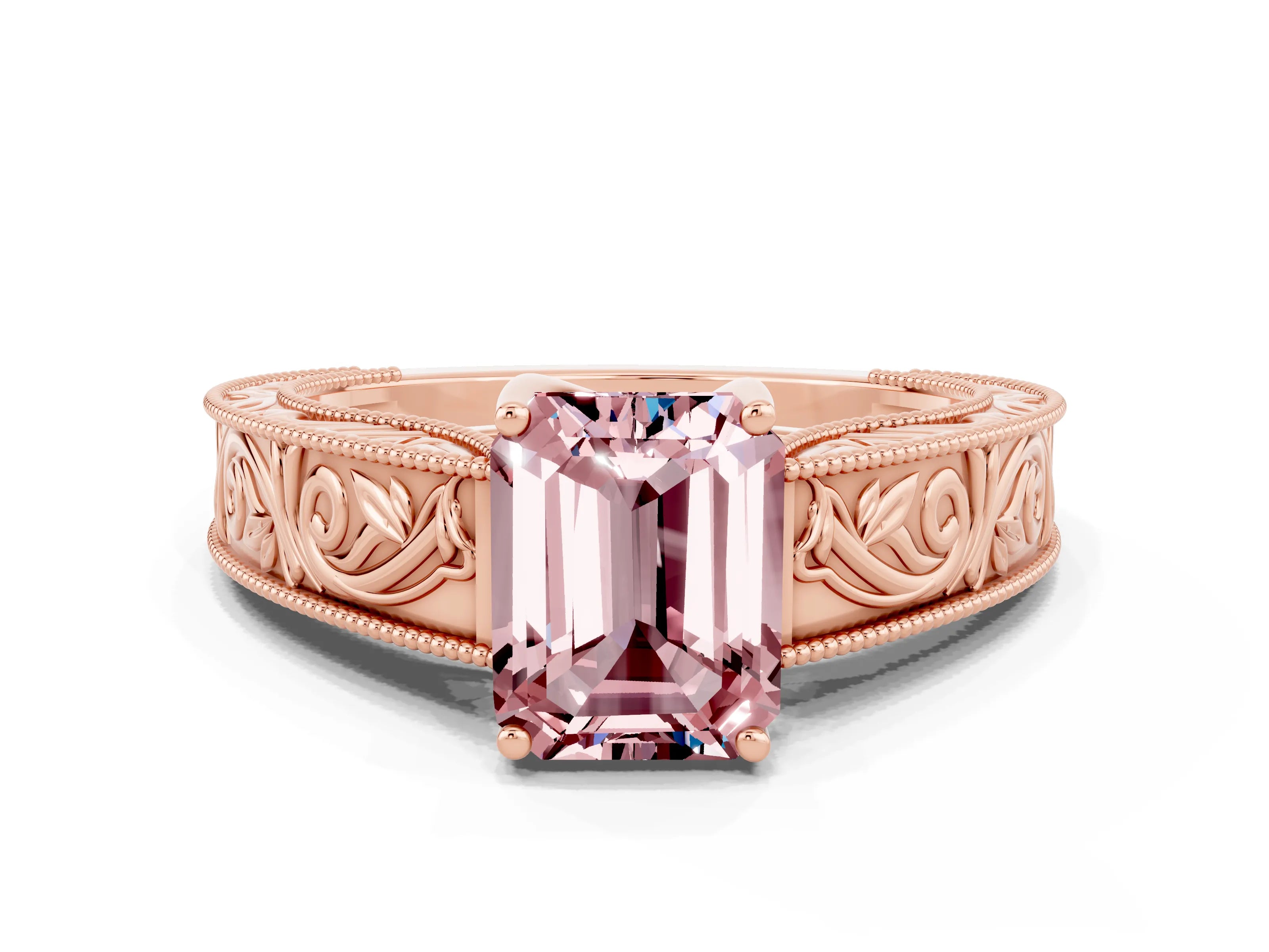 Rose gold Emerald Cut Morganite Solitaire Ring with Engraved Band and Four-Prong Setting