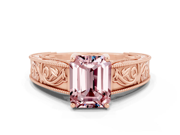 Rose gold Emerald Cut Morganite Solitaire Ring with Engraved Band and Four-Prong Setting