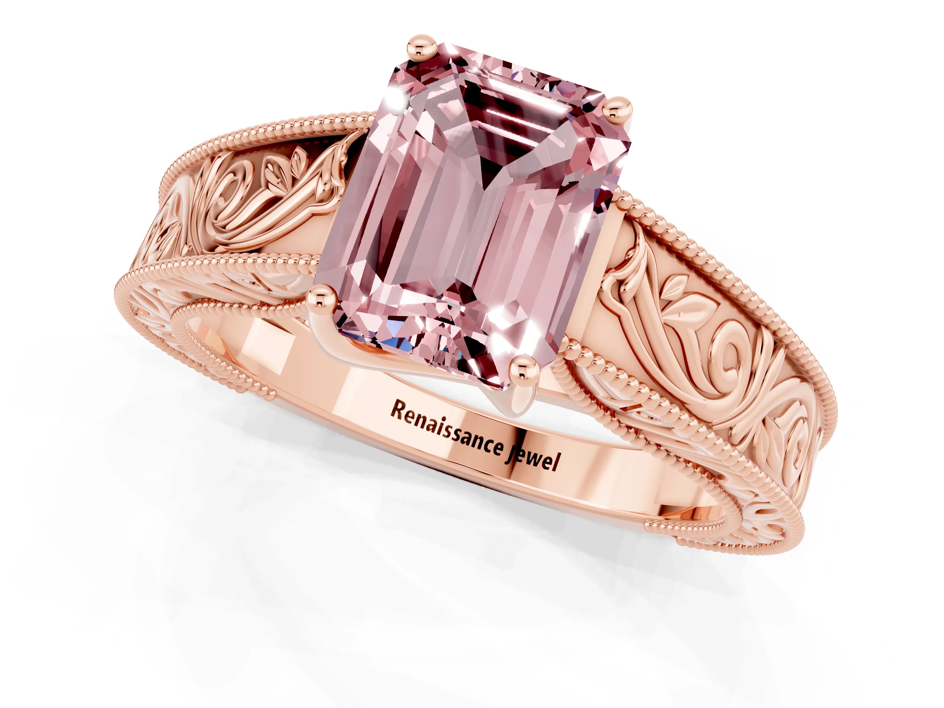 Rose gold Emerald Cut Morganite Solitaire Ring with Engraved Band and Four-Prong Setting_1