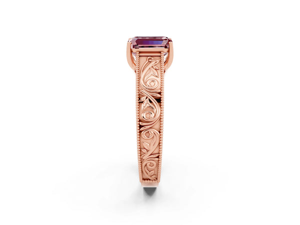 Rose gold Emerald Cut Morganite Solitaire Ring with Engraved Band and Four-Prong Setting