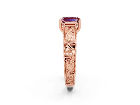 Rose gold Emerald Cut Morganite Solitaire Ring with Engraved Band and Four-Prong Setting_2