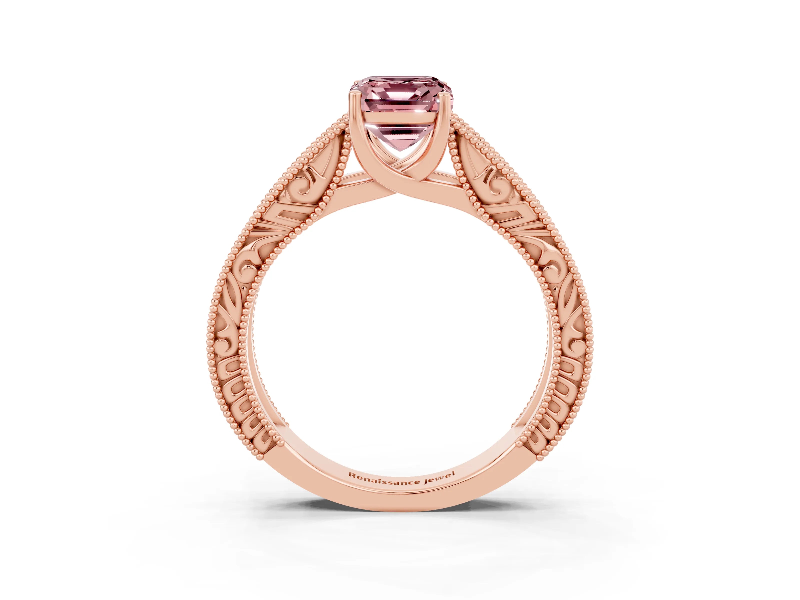 Rose gold Emerald Cut Morganite Solitaire Ring with Engraved Band and Four-Prong Setting_3