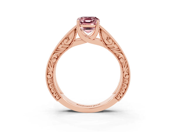 Rose gold Emerald Cut Morganite Solitaire Ring with Engraved Band and Four-Prong Setting