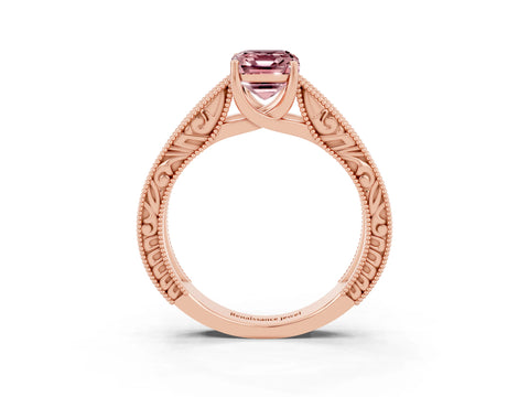Rose gold Emerald Cut Morganite Solitaire Ring with Engraved Band and Four-Prong Setting_3
