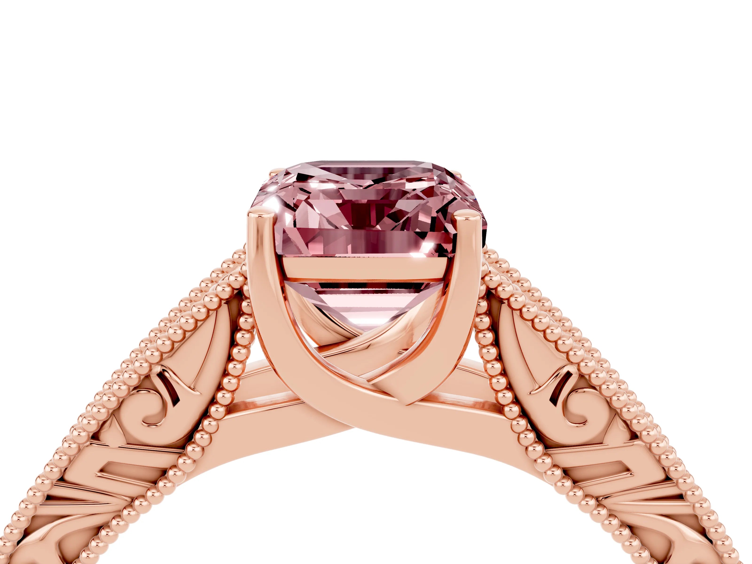 Rose gold Emerald Cut Morganite Solitaire Ring with Engraved Band and Four-Prong Setting_4