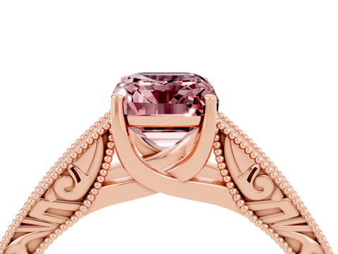 Rose gold Emerald Cut Morganite Solitaire Ring with Engraved Band and Four-Prong Setting_4