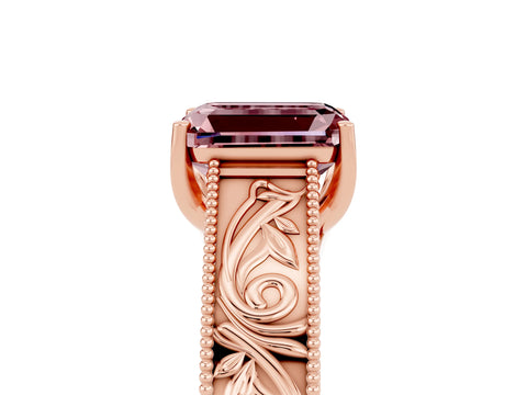 Rose gold Emerald Cut Morganite Solitaire Ring with Engraved Band and Four-Prong Setting_5