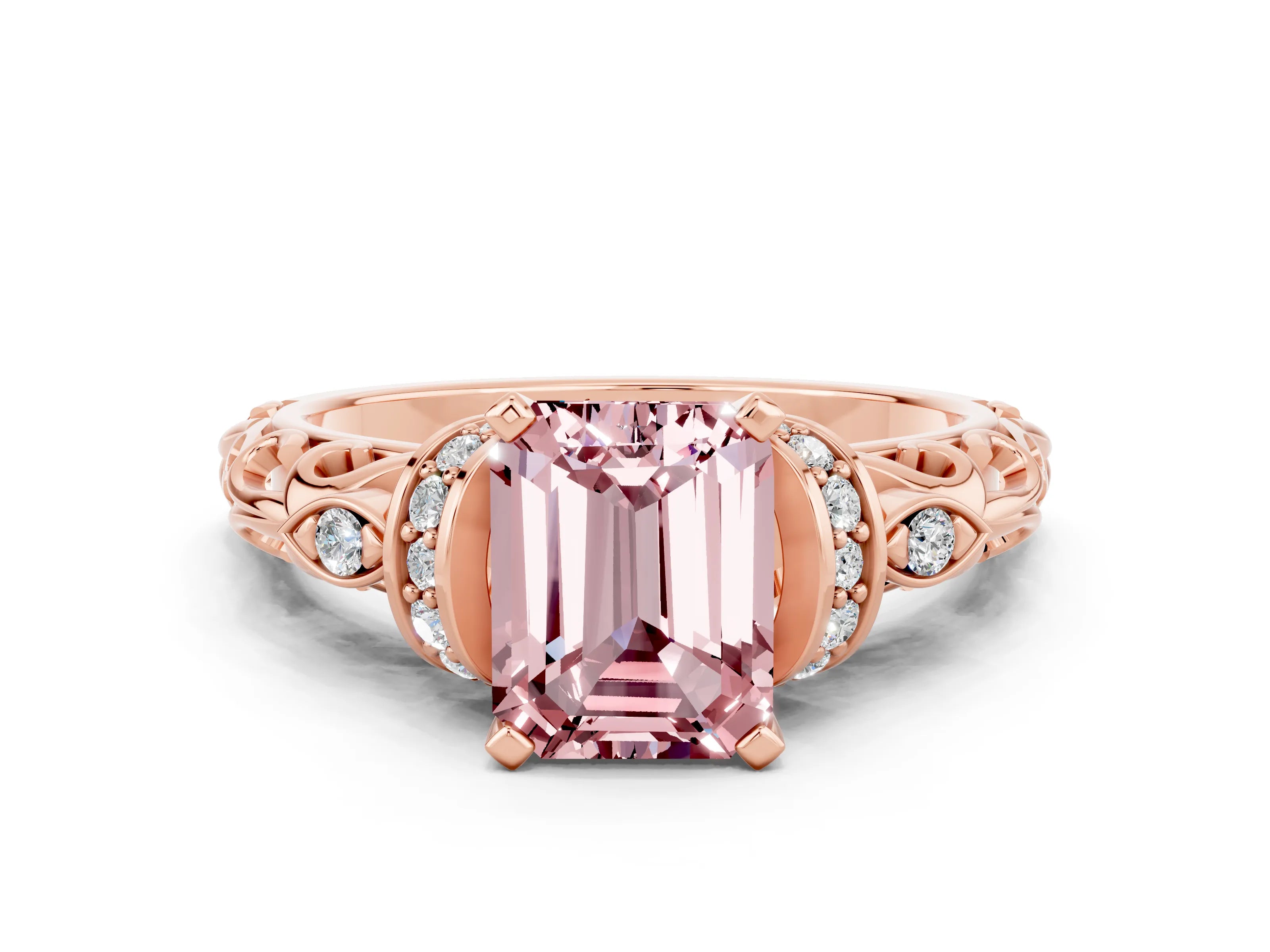 Rose gold Emerald Cut Morganite Solitaire Ring with Filigree Band and Four-Prong Setting_24