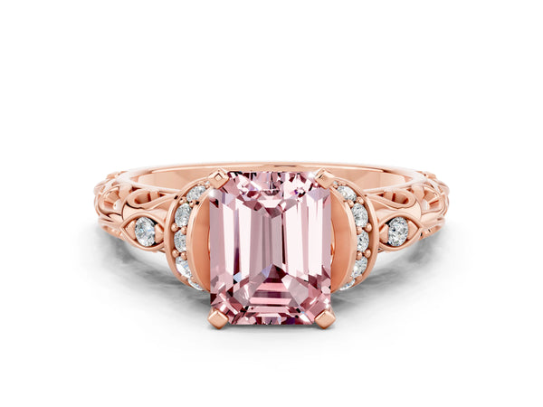 Rose gold Emerald Cut Morganite Solitaire Ring with Filigree Band and Four-Prong Setting
