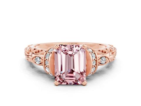 Rose gold Emerald Cut Morganite Solitaire Ring with Filigree Band and Four-Prong Setting_24