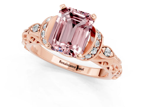 Rose gold Emerald Cut Morganite Solitaire Ring with Filigree Band and Four-Prong Setting_25