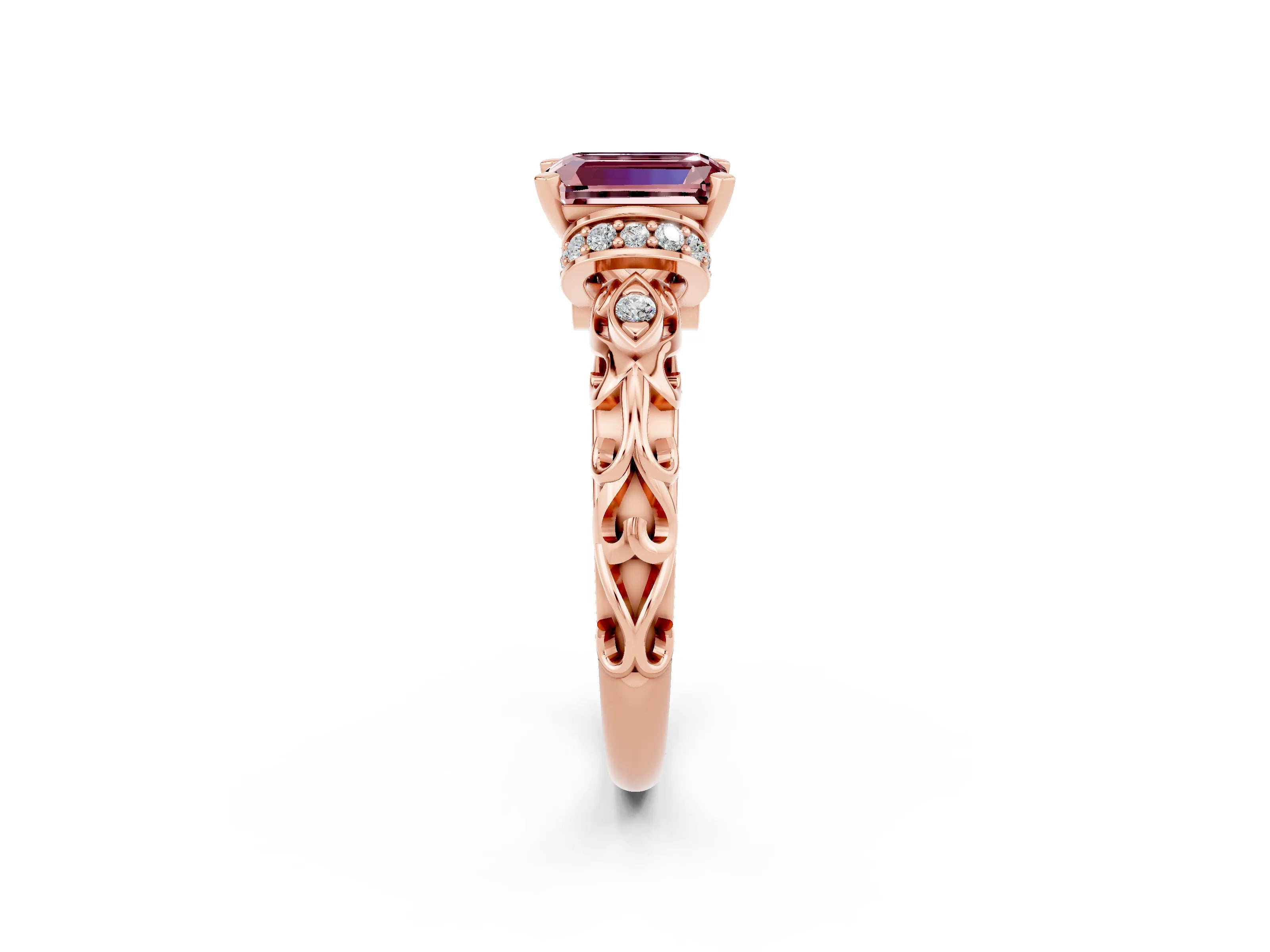 Rose gold Emerald Cut Morganite Solitaire Ring with Filigree Band and Four-Prong Setting_26