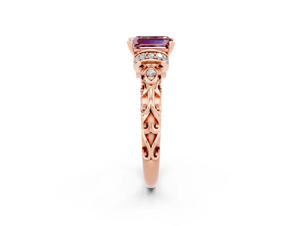 Rose gold Emerald Cut Morganite Solitaire Ring with Filigree Band and Four-Prong Setting