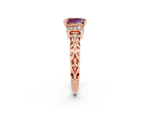 Rose gold Emerald Cut Morganite Solitaire Ring with Filigree Band and Four-Prong Setting_26