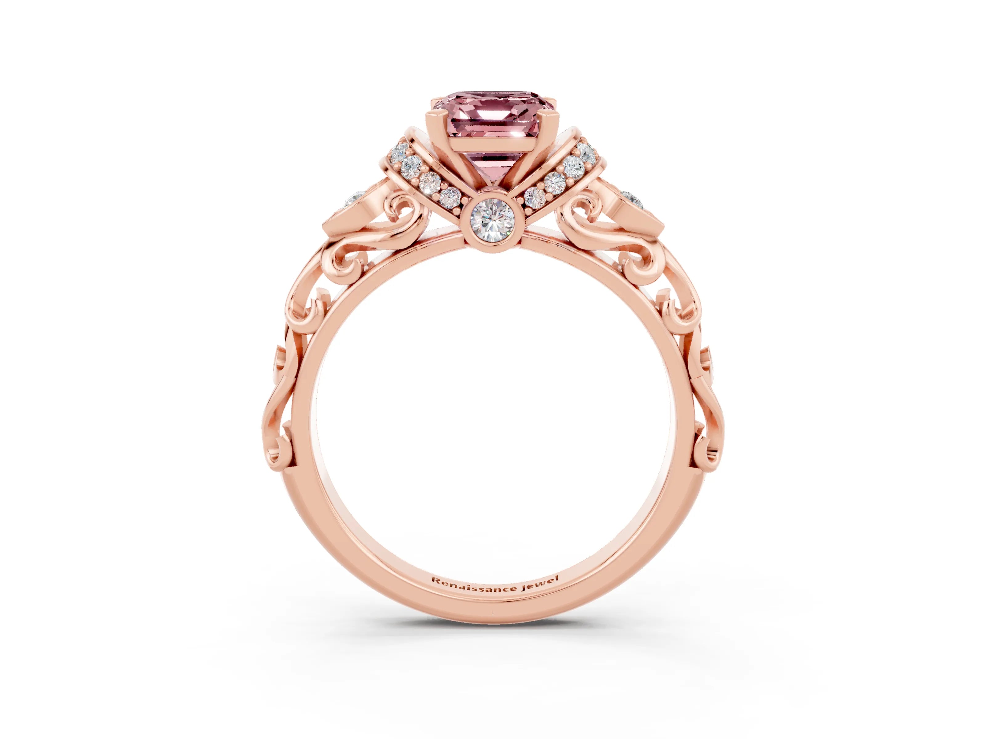 Rose gold Emerald Cut Morganite Solitaire Ring with Filigree Band and Four-Prong Setting_27
