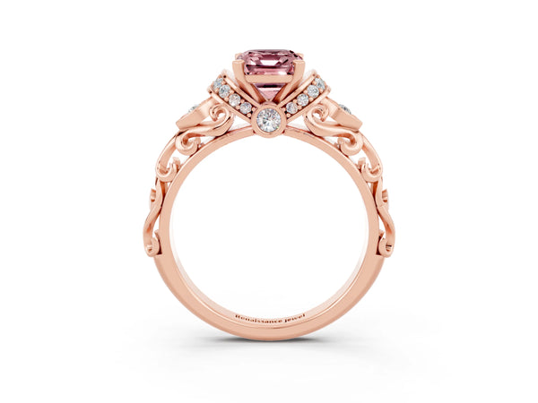 Rose gold Emerald Cut Morganite Solitaire Ring with Filigree Band and Four-Prong Setting