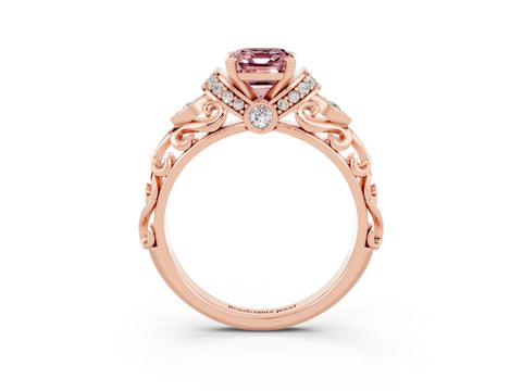 Rose gold Emerald Cut Morganite Solitaire Ring with Filigree Band and Four-Prong Setting_27