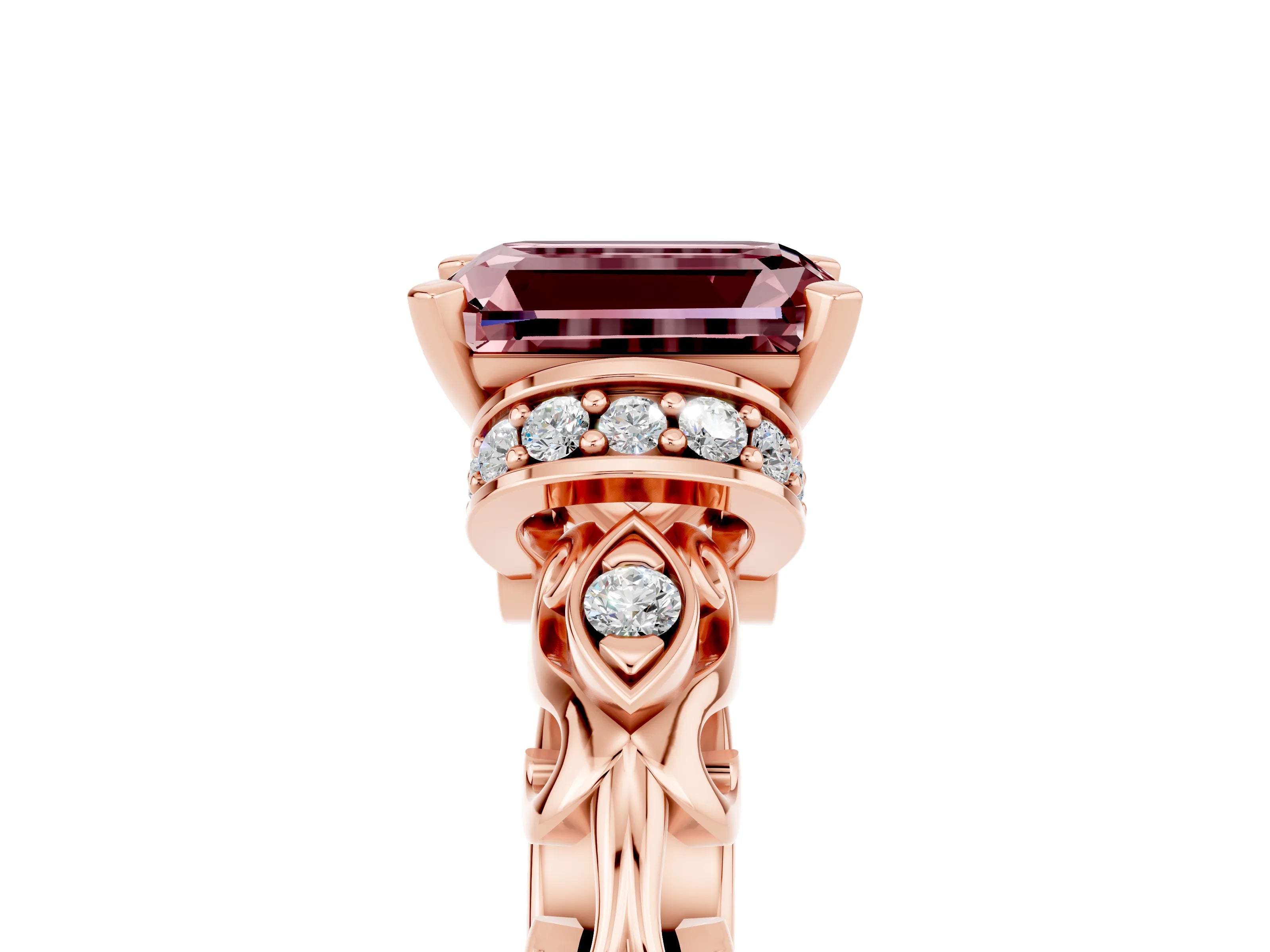 Rose gold Emerald Cut Morganite Solitaire Ring with Filigree Band and Four-Prong Setting_29