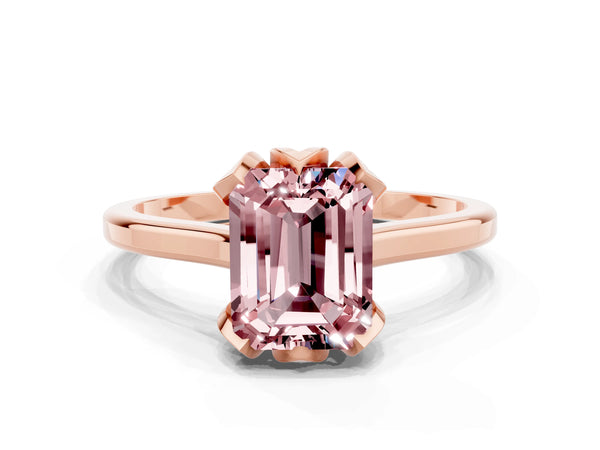 Rose gold Emerald Cut Morganite Solitaire Ring with Flower Prong Setting and Classic Band