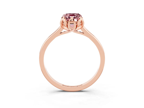 Rose gold Emerald Cut Morganite Solitaire Ring with Flower Prong Setting and Classic Band
