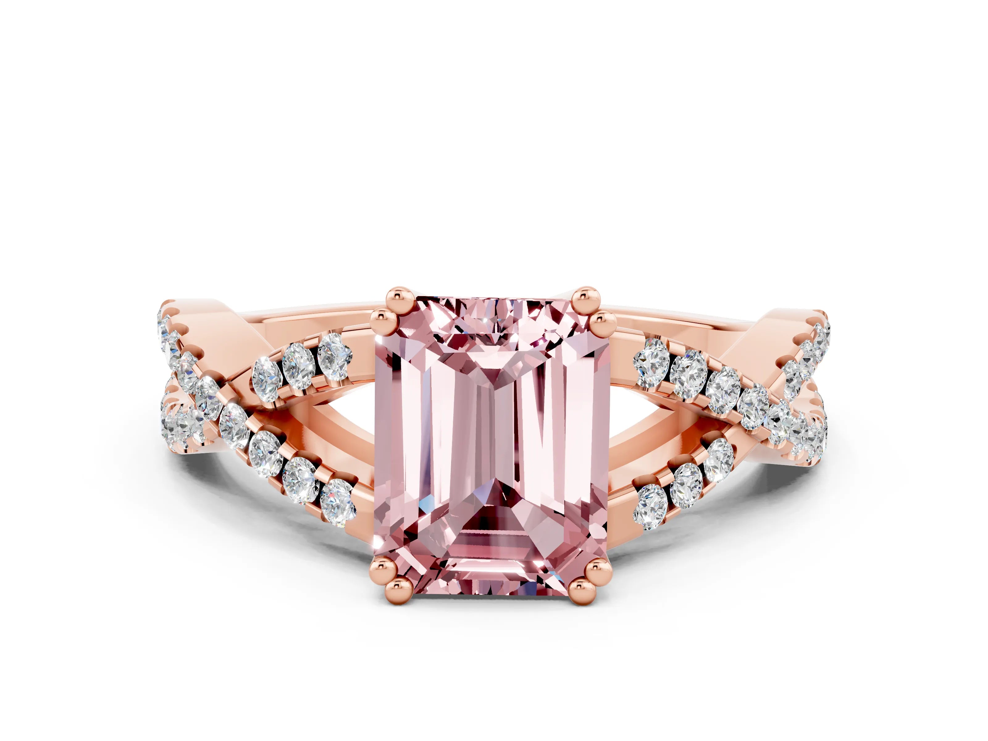 Rose gold Emerald Cut Morganite Solitaire Ring with Four-Prong Setting and Twisted Pavé Band