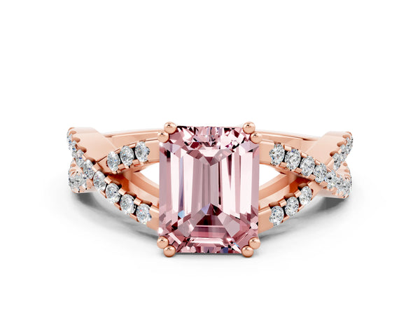 Rose gold Emerald Cut Morganite Solitaire Ring with Four-Prong Setting and Twisted Pavé Band