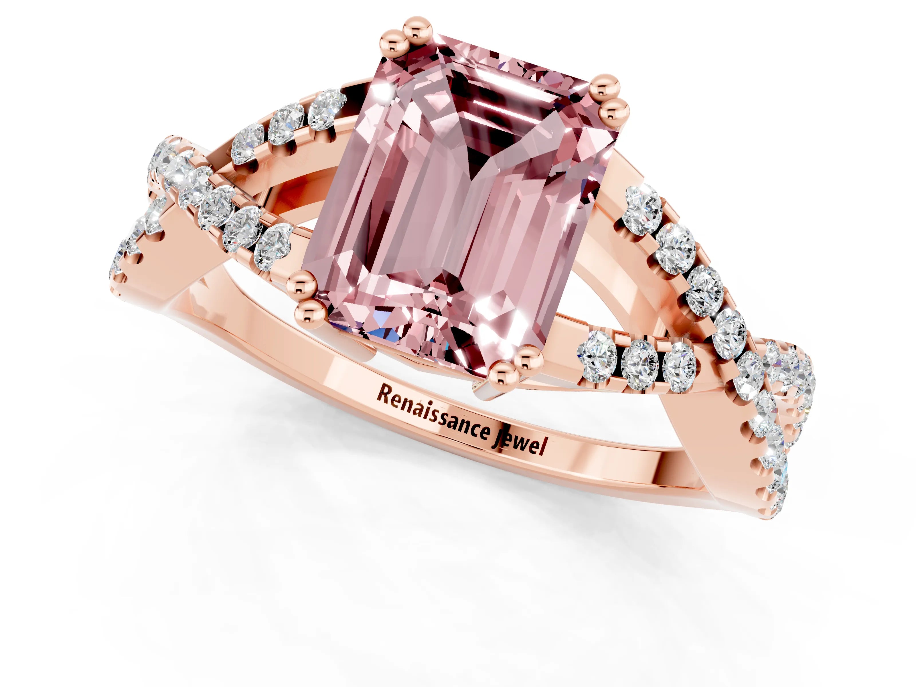 Rose gold Emerald Cut Morganite Solitaire Ring with Four-Prong Setting and Twisted Pavé Band_1