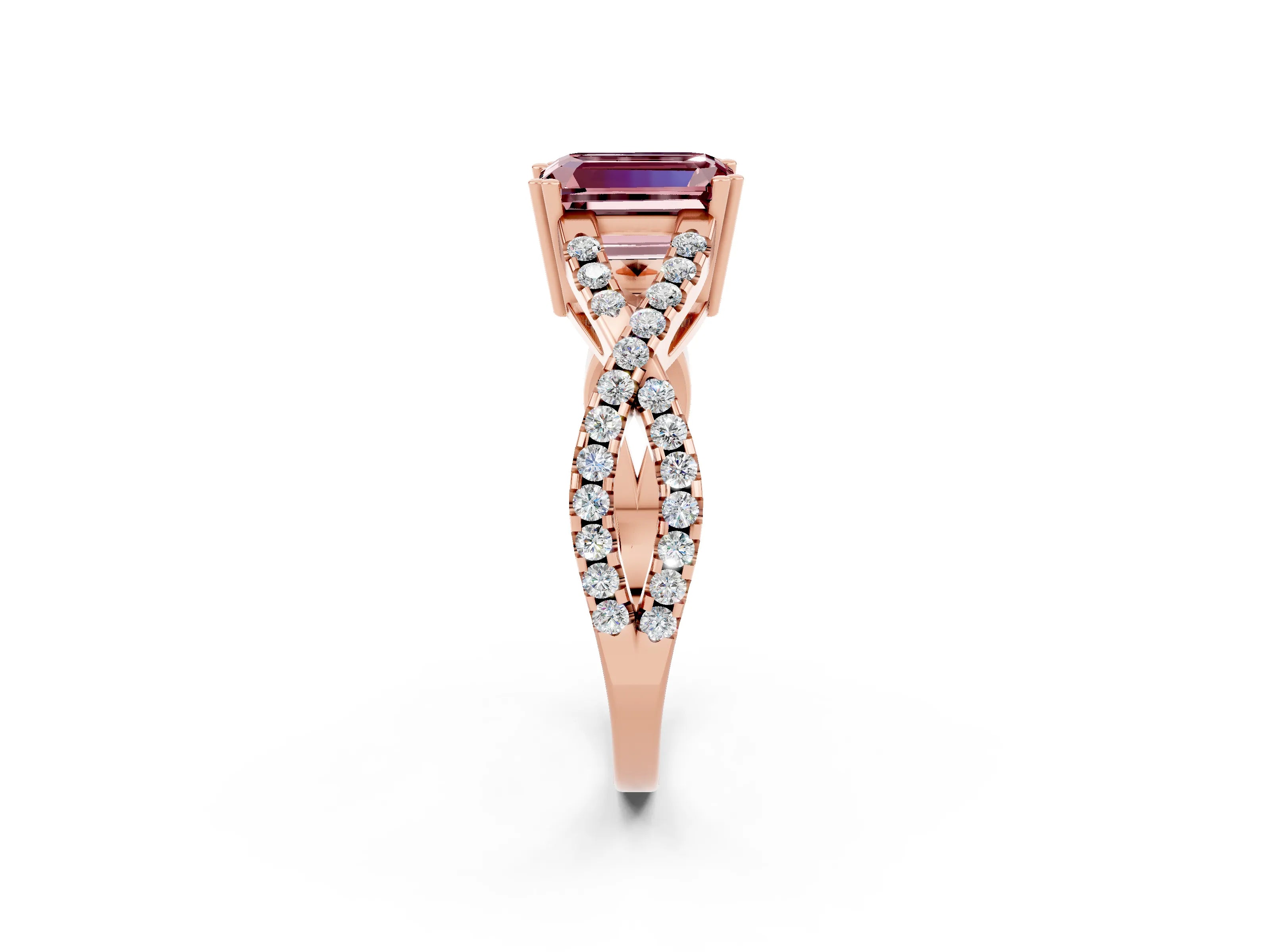 Rose gold Emerald Cut Morganite Solitaire Ring with Four-Prong Setting and Twisted Pavé Band_2