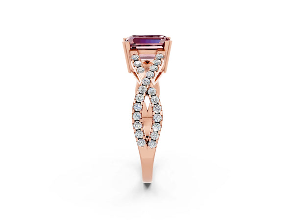 Rose gold Emerald Cut Morganite Solitaire Ring with Four-Prong Setting and Twisted Pavé Band