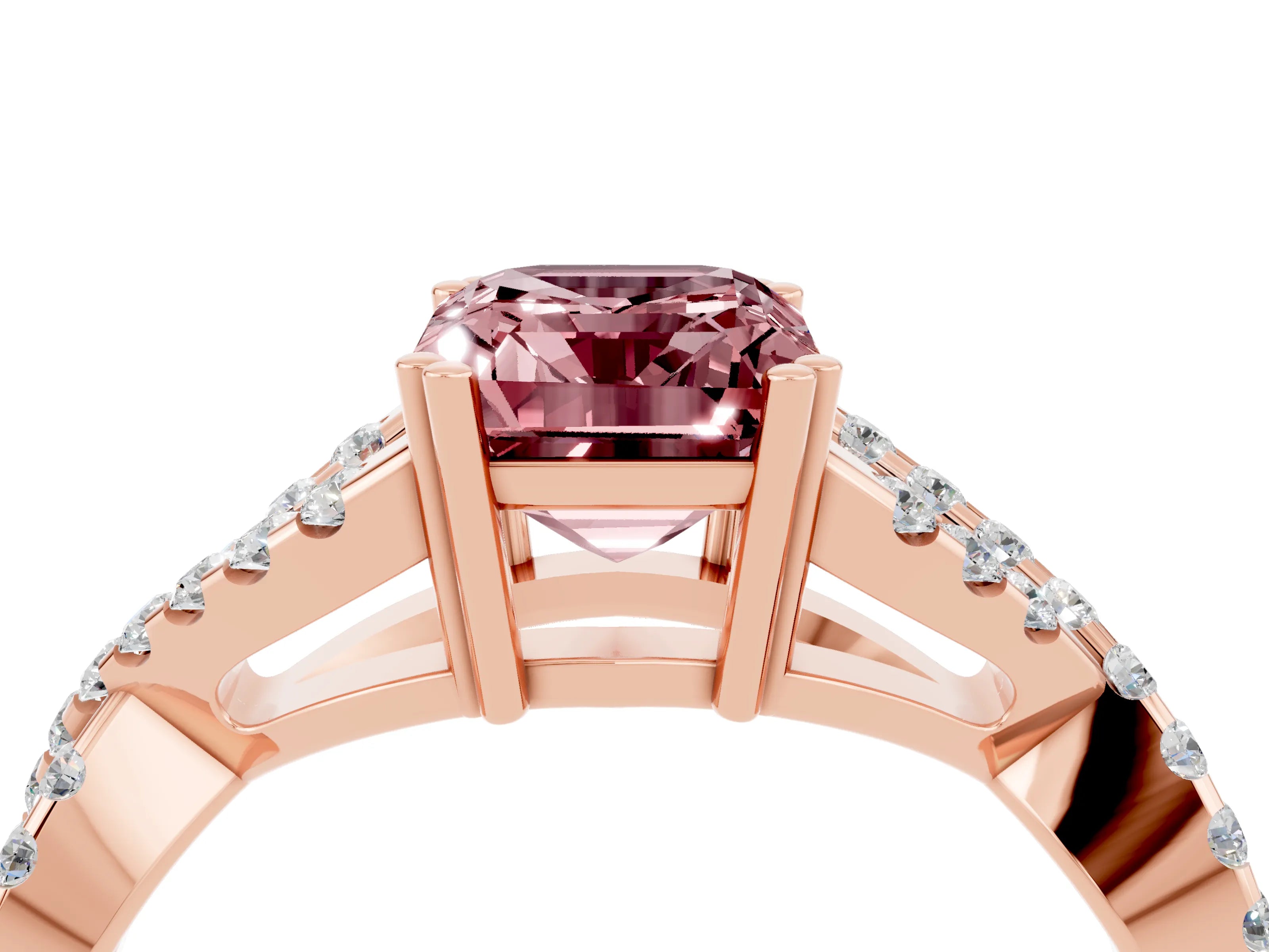 Rose gold Emerald Cut Morganite Solitaire Ring with Four-Prong Setting and Twisted Pavé Band_4