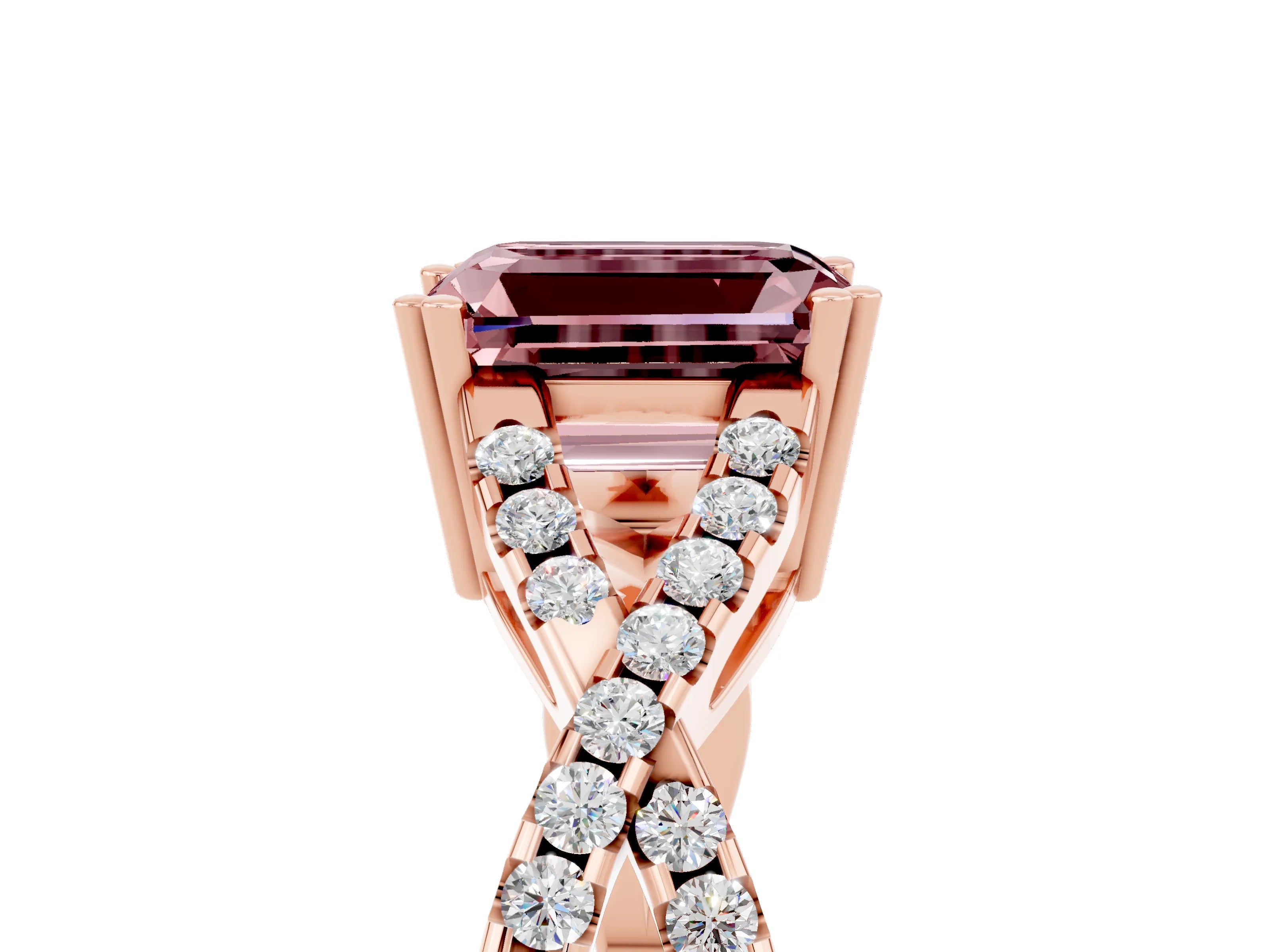 Rose gold Emerald Cut Morganite Solitaire Ring with Four-Prong Setting and Twisted Pavé Band_5