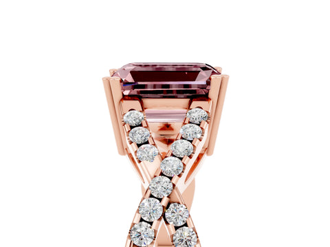 Rose gold Emerald Cut Morganite Solitaire Ring with Four-Prong Setting and Twisted Pavé Band_5