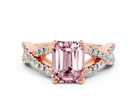 Rose gold Emerald Cut Morganite Solitaire Ring with Four-Prong Setting and Twisted Pavé Band