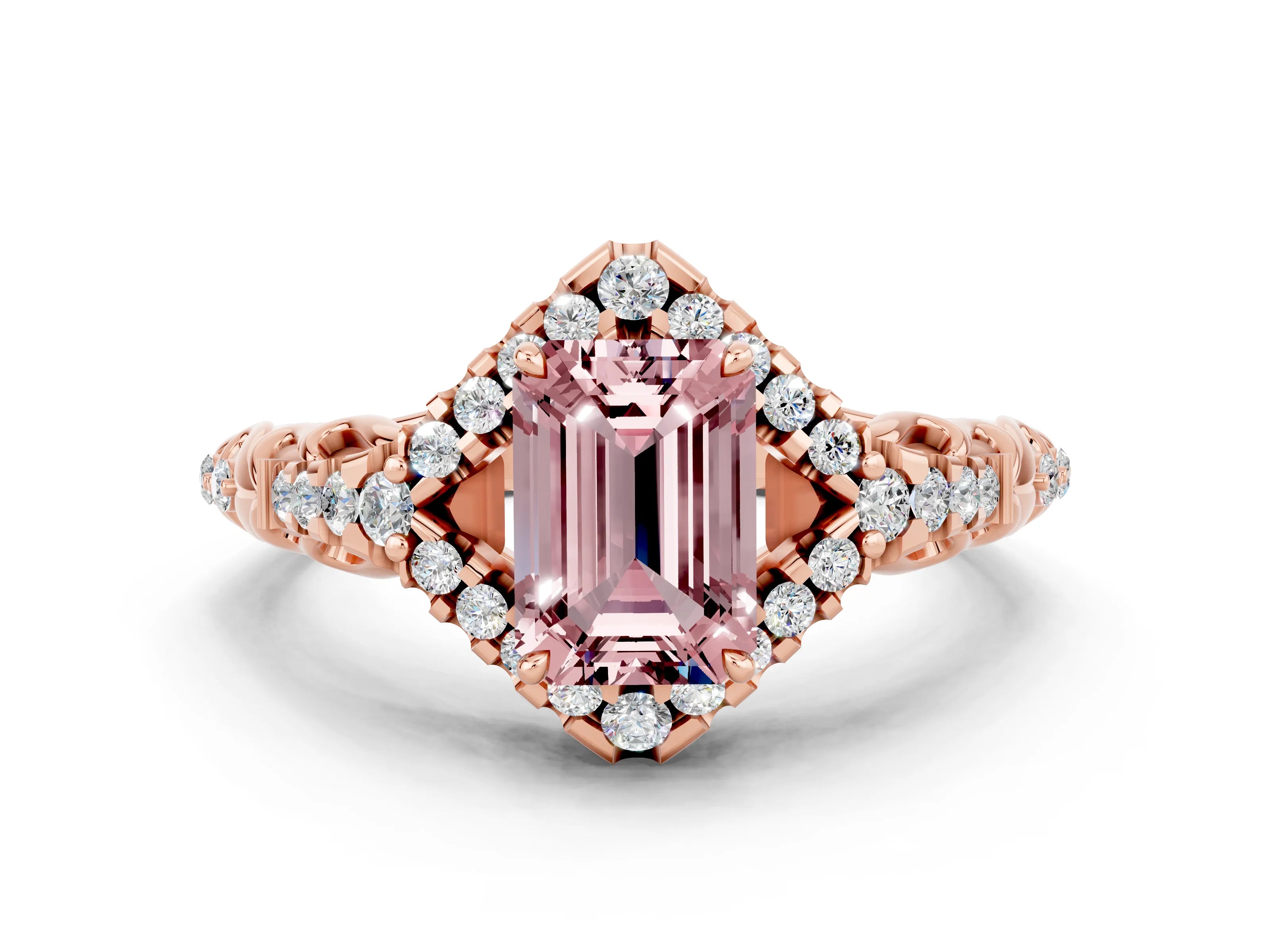 Rose gold Emerald Cut Morganite Solitaire Ring with Hidden Halo and Pavé Band_12