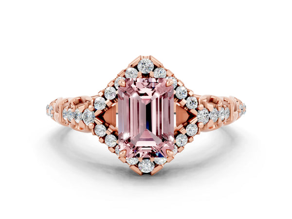 Rose gold Emerald Cut Morganite Solitaire Ring with Hidden Halo and Pavé Band