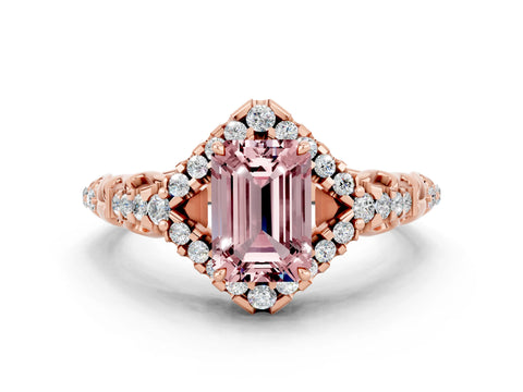 Rose gold Emerald Cut Morganite Solitaire Ring with Hidden Halo and Pavé Band_12